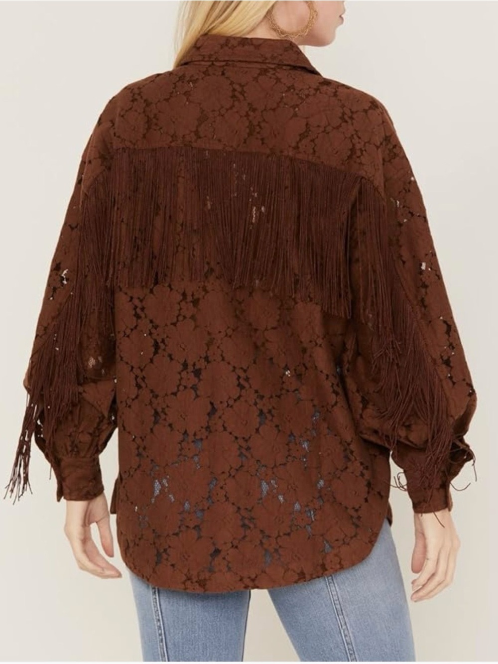 Shyanne Western Brown Lace-Overlay Frnge Shirt Jacket Size Large A1